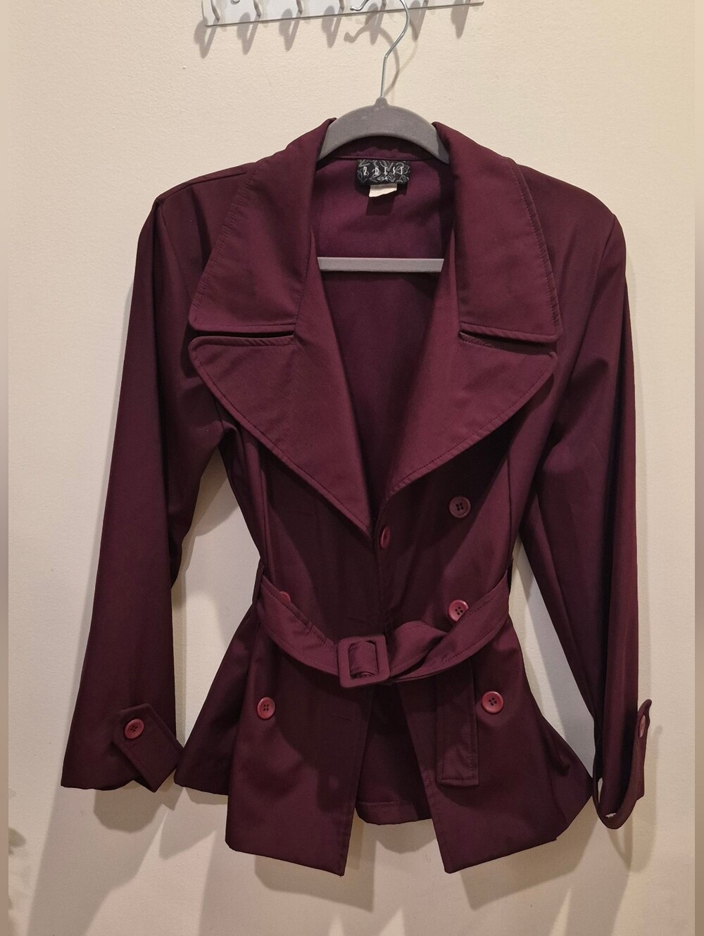 Classic Women's Belted Pea Coat - Burgundy - Picture 4 of 9